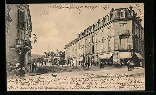 AK Mülhausen i. Els., Colmarerstrasse mit Offizierskasino Regt. 142