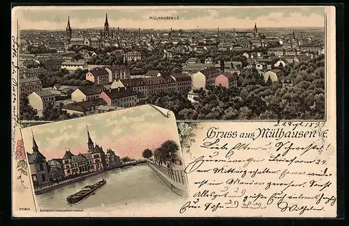 Lithographie Mülhausen i. E., Ortsansicht aus der Vogelschau