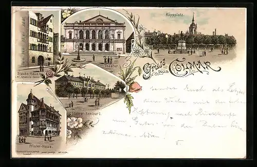 Lithographie Colmar, Rappplatz, Theater, Pfister-Haus