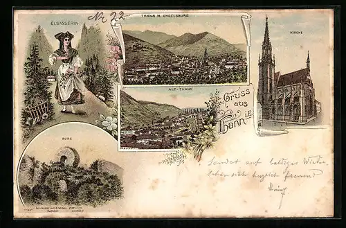 Lithographie Thann i. E., Kirche, Burg, Elsässerin in Tracht