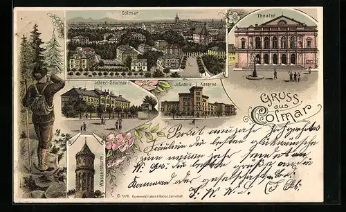 Lithographie Colmar, Theater, Lehrer-Seminar, Infanterie-Kaserne