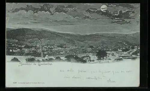 Mondschein-AK Guebwiller, Totalansicht mit Bergen