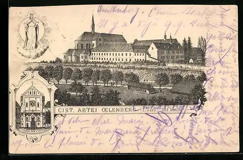 Lithographie Oelenberg, Cist. Abtei Süd Ansicht, Facade der Kirche