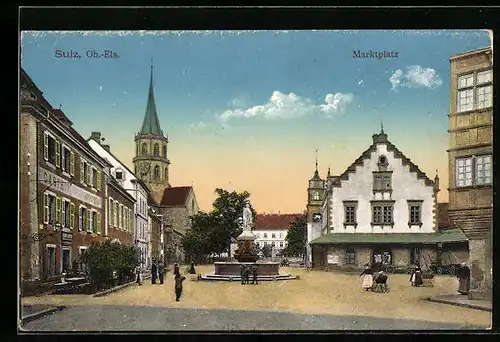 AK Sulz, Marktplatz mit Brunnen und Kirche