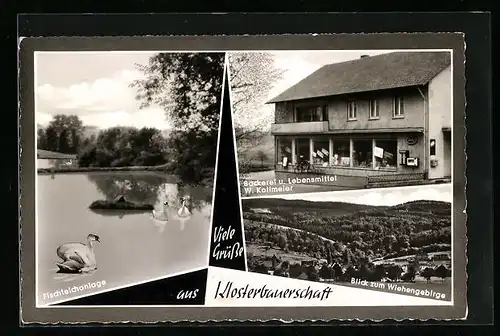 AK Klosterbauerschaft, Bäckerei und Lebensmittelgeschäft W. Kollmeier, Fischteichanlage, Blick zum Wiehengebirge