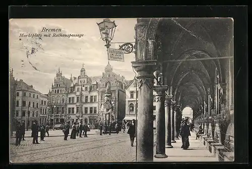 AK Bremen, Marktplatz mit Rathauspassage und Denkmal