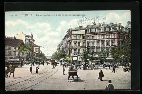 AK Berlin-Tiergarten, Potsdamerplatz und Potsdamerstrasse mit Geschäften, Strassenbahn