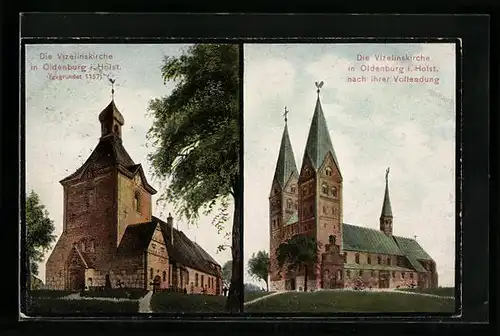 AK Oldenburg i. Holst., Die Vizelinskirche vor und nach ihrer Vollendung