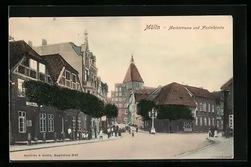 AK Mölln, Marktstrasse mit Gasthaus und Nicolaikirche