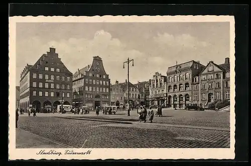 AK Flensburg, Südermarkt mit Restaurant Nordisches Speisehaus, Beamtenbank und Geschäften