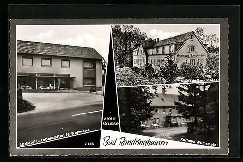 AK Bad Randringhausen bei Bünde, Kurhaus Wilmsmeier, Kurhaus Ernstmeier, Bäckerei Fr. Wehmeier mit Strasse