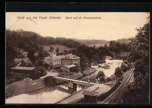 AK Pöhl /Vogtl. Schweiz, Rentschmühle mit Umgebung aus der Vogelschau