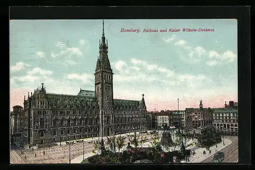 AK Hamburg, Rathaus und Kaiserdenkmal aus der Vogelschau