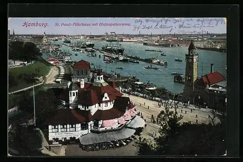 AK Hamburg-St. Pauli, St.-Pauli-Fährhaus mit Hafenpanorama