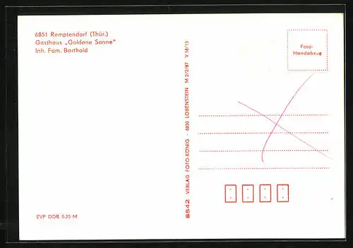 AK Remptendorf /Thür., Gasthaus Goldene Sonne, Inh.: Fam. Barthold