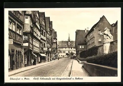 AK Ochsenfurt a. M., Strasse mit Gasthaus & Metzgerei, Kriegerdenkmal und Rathaus