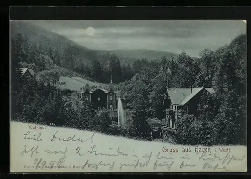 Mondschein-AK Hagen i. W., Gasthaus Waldlust