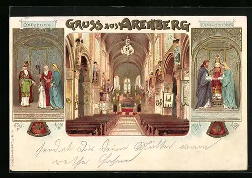 Lithographie Arenberg, Gnadenbilder und Inneres der Kirche