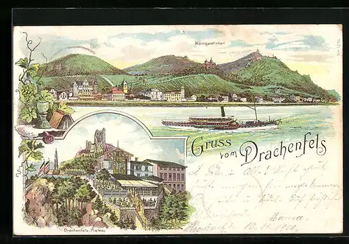 Lithographie Königswinter, Drachenfels Plateau, Teilansicht, Rheindampfer