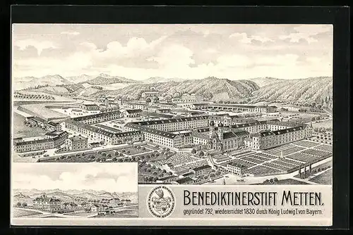 Künstler-AK Metten, Benediktinerstift aus der Vogelschau
