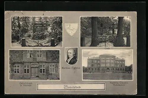 AK Hamburg-Wandsbek, Denkmal, Matthias Claudius, Gymnasium