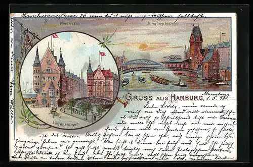 Lithographie Hamburg, Freihafen, Jungfernbrücke, Lagerhäuser