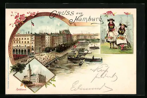 Lithographie Hamburg, Hafenpartie mit Schiffen, Rathhaus, Tracht