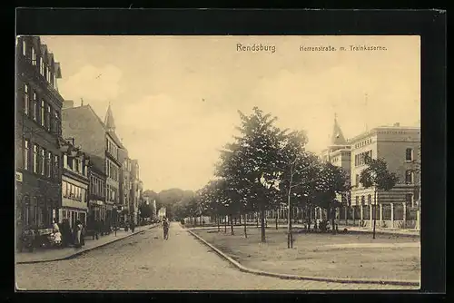 AK Rendsburg, Blick auf Herrenstrasse m. Trainkaserne