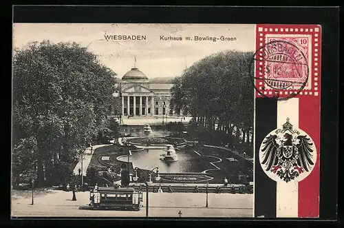 AK Wiesbaden, Kurhaus mit Bowling-Green und Strassenbahn, Wappen