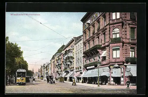 AK Wiesbaden, Partie in der Rheinstrasse mit Strassenbahnen