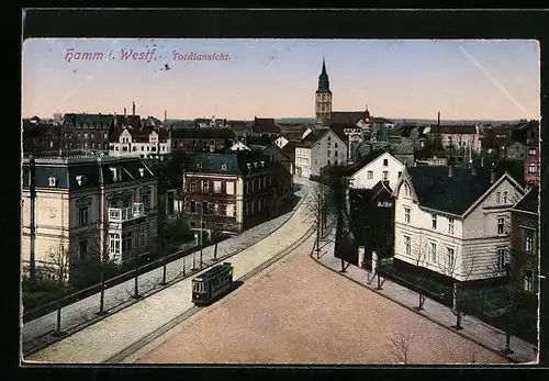 AK Hamm i. Westf., Teilansicht aus der Vogelschau mit Strassenbahn