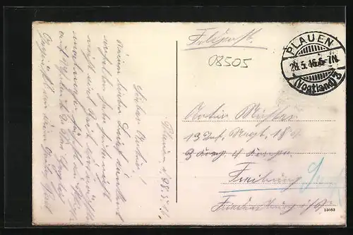 AK Plauen i. V., Strassenpartie Pestplatz mit Strassenbahn