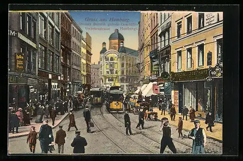AK Hamburg, Grosser Burstah mit Strassenbahnen
