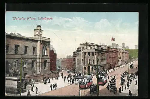 AK Edinburgh, Waterloo Place, Strassenbahnen
