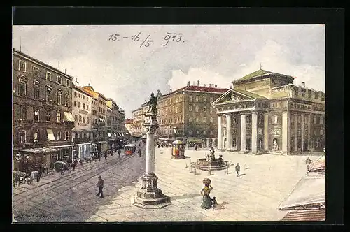AK Trieste, Piazza della Borsa, Strassenbahn