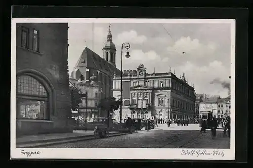 AK Troppau, Platz mit Strassenbahn