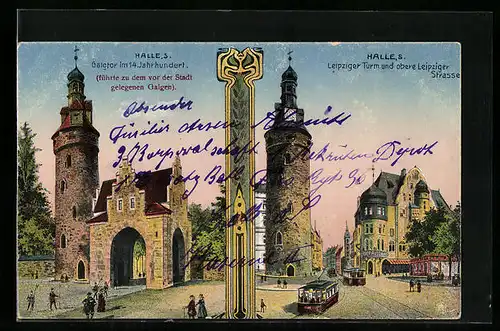 AK Halle /S., Leipziger Turm und obere Leipziger Strasse mit Strassenbahnen, Galgtor