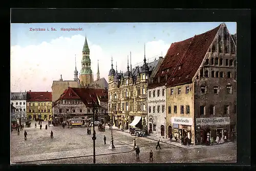 AK Zwickau /Sa., Hauptmarkt mit Strassenbahn aus der Vogelschau