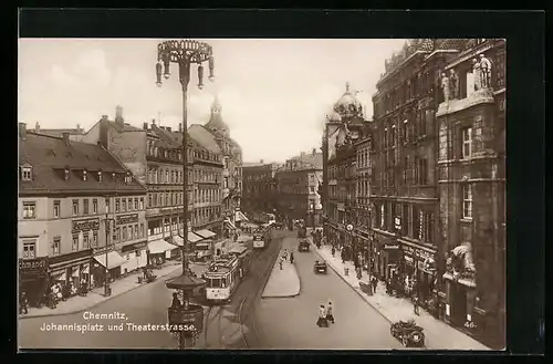 AK Chemnitz, Johannisplatz und Theaterstrasse mit Strassenbahnen