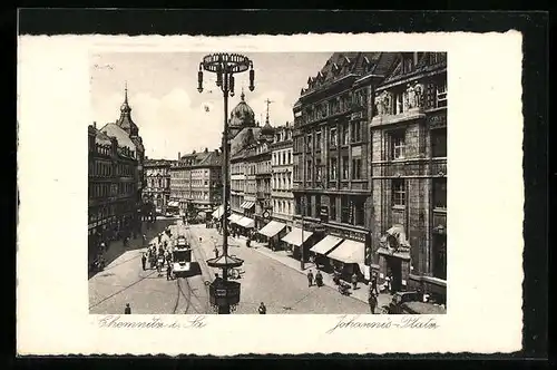 AK Chemnitz /Sa., Johannis-Platz mit Strassenbahn von oben gesehen