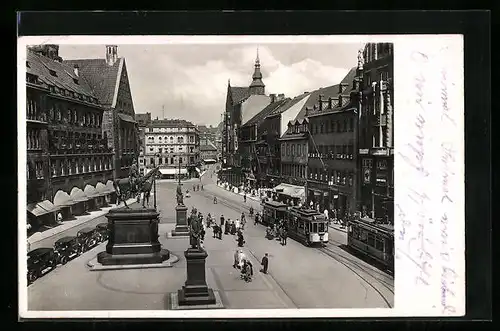 AK Chemnitz, Markt mit Strassenbahnen aus der Vogelschau