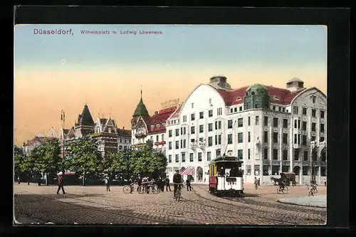 AK Düsseldorf, Wilhelmplatz mit Ludwig Löwenhaus und Strassenbahn