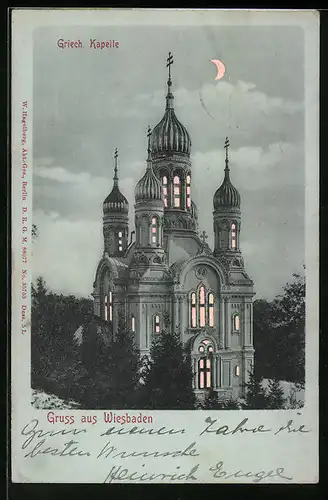Lithographie Wiesbaden, Griechische Kapelle, Halt gegen das Licht