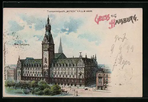 Lithographie Hamburg, Ansicht vom Rathaus, Halt gegen das Licht: Ansicht bei Nacht