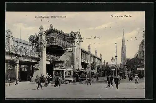 AK Berlin-Schöneberg, Hochbahnhof Bülowstrasse mit Strassenbahn