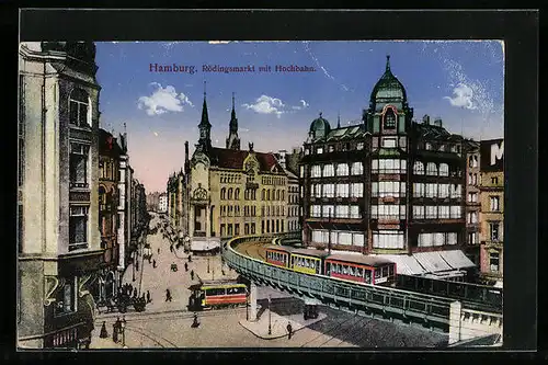 AK Hamburg, Rödingsmarkt mit Hochbahn und Strassenbahn