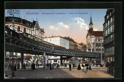 AK Hamburg, Rödingsmarkt Grasskeller-Ecke mit Hochbahn