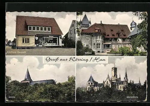 AK Rössing / Han., Kaufhaus Raupach, Kirche, Marienburg, Schloss