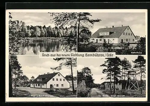 AK Hambühren /Celle, Badeteich, Wohnhaus, Post u. Geschäftshaus, Ev. Kirche