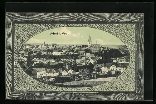 AK Adorf i. Vogtl., Teilansicht mit Kirche, Passepartout
